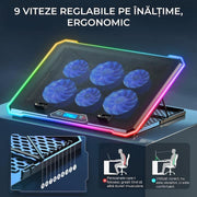 Stand De Racire pentru Laptop BeGenius® cu Suport pentru Telefon, 6 Ventilatoare ultra Silentioase, Cooler Laptop Gaming, Iluminare RGB, 10-45 grade, 2 Porturi USB, pentru Laptopuri pana la 17.3 inch, Negru
