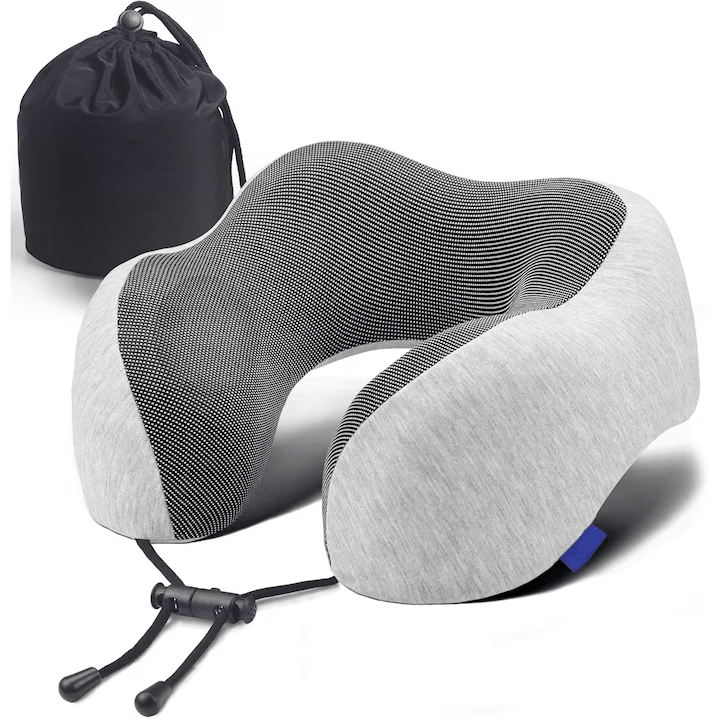 Kit Premium de Călătorie Nextwave®: Pernă Ergonomică din Spumă cu Memorie + CADOU Mască de Somn și Dopuri de Urechi, Gri