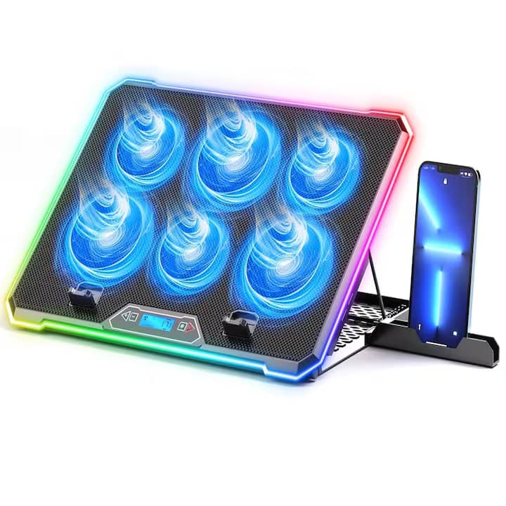 Stand De Racire pentru Laptop BeGenius® cu Suport pentru Telefon, 6 Ventilatoare ultra Silentioase, Cooler Laptop Gaming, Iluminare RGB, 10-45 grade, 2 Porturi USB, pentru Laptopuri pana la 17.3 inch, Negru