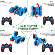 Masina cu telecomanda RC, Fata dubla cu rotire 360°, traciune 4WD, lumini LED, frecventa 2.4GHz, cauciucuri offroad, 2 baterii tip acumulator incluse, jucarie pentru copii, Albastra