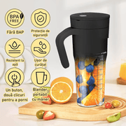 Blender electric portabilMini Blender Electric NextWave™, Portabil, Multifunctional, Auto-curatare, Autonomie Mare, Baterie reincarcabila 4000mAh, Smoothie, legume si fructe, Milk shake, Fresh, 470 ml, 6 Lame 3D