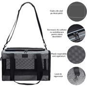Geanta pentru transport animale mici NextWave®, pisica, caine, iepure, din panza, 45x28x28 cm, Baza rezistenta cu covoras, Usor de transportat, Plasa respirabila, Gri