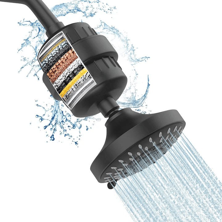 Filtru de apa premium pentru para de dus cu 20 stagii de filtrare, para inclusa, usor de instalat, infuzie de minerale si Vitamina C, elimina Clorul, metalele grele, impuritatile si mirosurile neplacute, purificator apa de baie, 6000 litri, negru