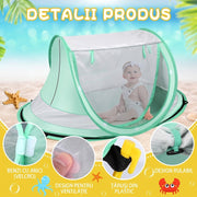 Cort de plaja pentru bebelusi NextWave®️, protectie solara UPF 50+, deschidere pop-up automata, plasa respirabila pentru ventilatie, perdea rulabila, 4 tarusi, geanta transport, din nailon 190T, pentru camping si plaja, 137.2 x 88.9 x 66 cm