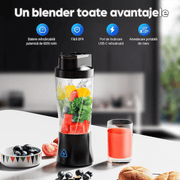 Mini Blender Electric Portabil NextWave™, Multifunctional, Auto-curatare, Autonomie Mare, Recipient detasabil cu capac, Baterie reincarcabila 6000mAh, 20.000 RPM, 240W, 650 ml, negru