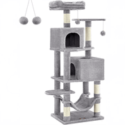 Ansamblu de Joaca pentru Pisici NextWave®, tip turn, 2 platforme de observatie, 3 niveluri, 2 casuta, 5 stalpi pentru zgariat, hamac, mingiute de joaca, captuseala extra moale, structura stabila si atractiva, inaltime 155 cm, gri