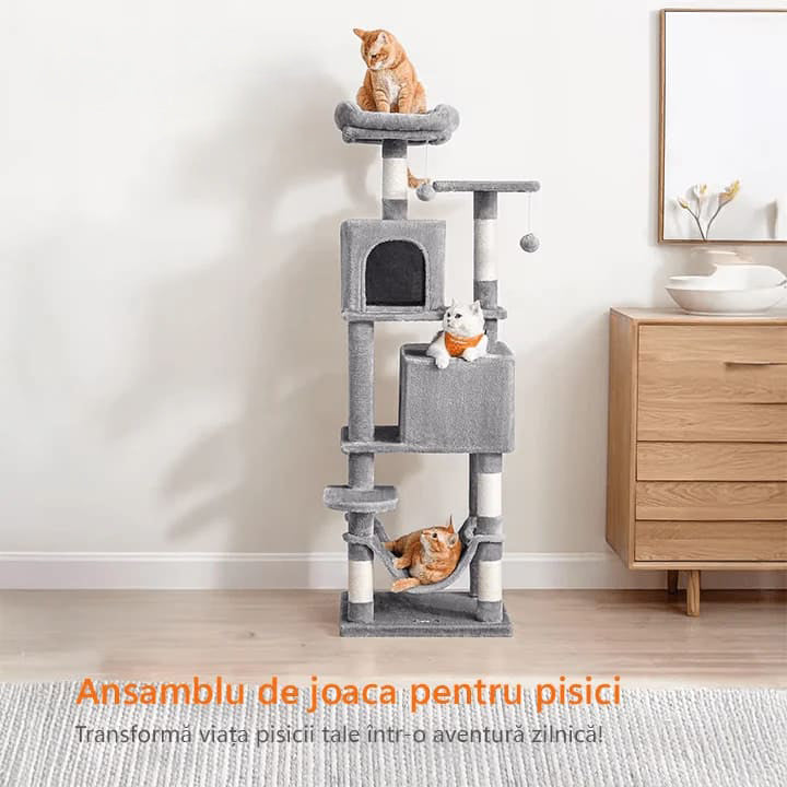 Ansamblu de Joaca pentru Pisici NextWave®, tip turn, 2 platforme de observatie, 3 niveluri, 2 casuta, 5 stalpi pentru zgariat, hamac, mingiute de joaca, captuseala extra moale, structura stabila si atractiva, inaltime 155 cm, gri