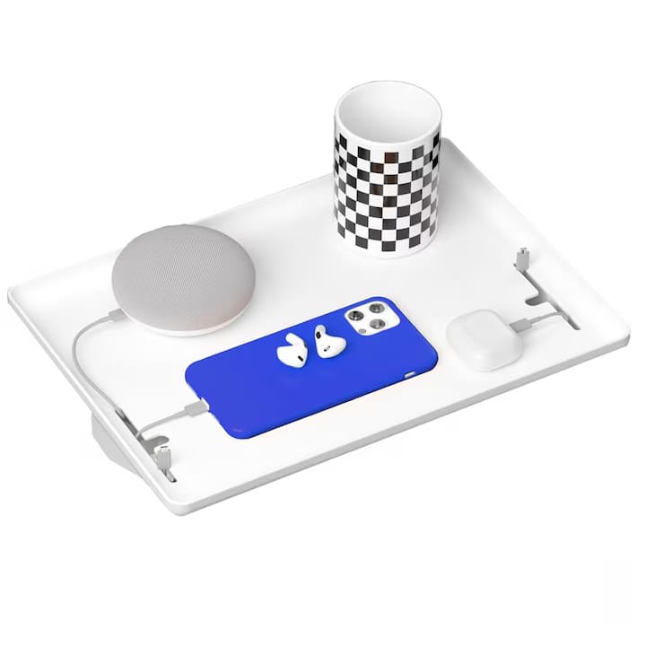 Raft pentru pat/noptiera NextWave®️, cu suport pentru telefon, incarcator, tableta si obiecte, prindere pentru cabluri, 32x24x7.5cm, alb