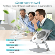Suport Laptop Ergonomic, cu Sistem de Ventilatie prin Cooler, 3 viteze, Portabil, Stand Reglabil pe Inaltime, pentru Laptop si Tableta, compatibil cu toate Laptopurile 10-15.6'', Universal, Fabricat din Aluminiu