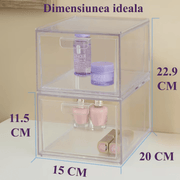 Organizator universal 2 bucati pentru cosmetic NextWave®️, multifunctional cu sertare glisante, recipient de depozitare incapator, 23x20x15 cm, transparent