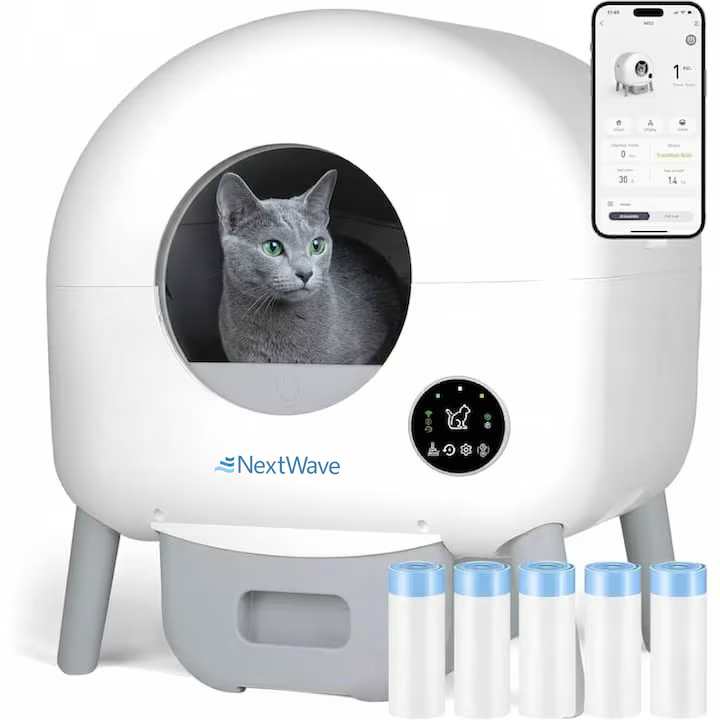 Litiera Automata Smart NextWave®️ pentru pisica, toaleta inteligenta cu functii de auto-curatare, Aplicatie Mobila, Senzori Ambientali, Design Oval Modern, 76L+ 13L, 5 role saci, alb