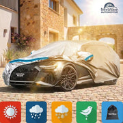 Prelata Auto Premium NextWave®️, Impermeabila, Protectie UV, Praf, Zapada, Inghet, Universala pentru Sedan, Buzunare Oglinzi, Fermoar Usa Sofer, Material Premium, Husa Saculet Depozitare