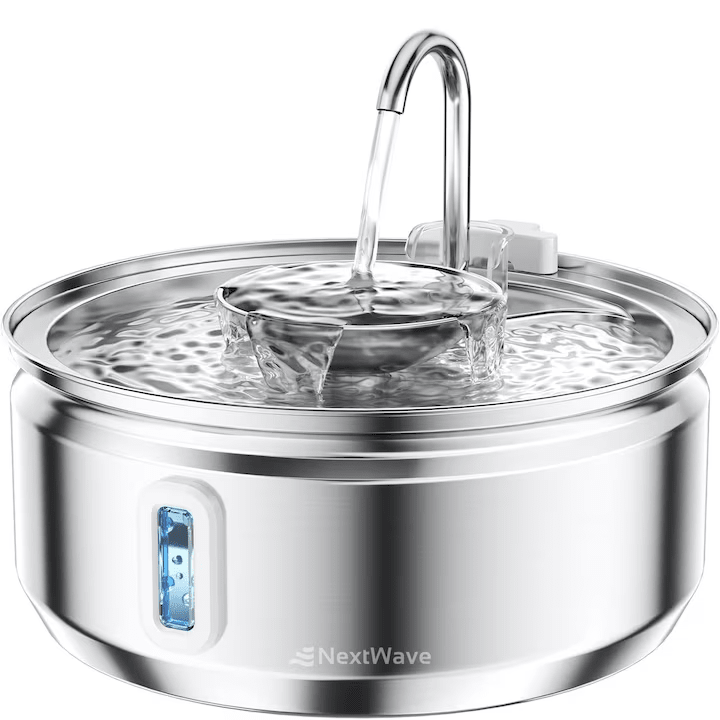 Dispenser apa automat tip fantana NextWave® pentru pisici si caini, cu fereastra pentru nivelul apei, purificare si filtrare prin carbune activ, ultra-silentioasa, otel inoxidabil, capacitate 3.2L, USB, Adaptor Priza, Argintiu