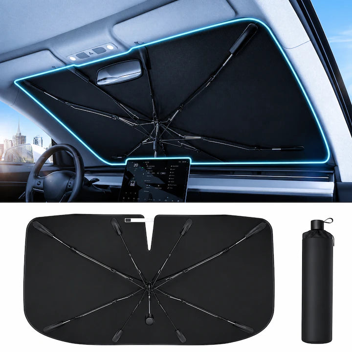 Parasolar auto NextWave® tip umbrela pentru parbriz, material reflectorizant 240T cu strat de racire, protectie UV si termica, structura flexibila cu arcuri, design pliabil, husa de depozitare inclusa, 131 x 77 cm, negru