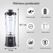 Mini Blender Electric Portabil NextWave™, Multifunctional, Auto-curatare, Autonomie Mare, Recipient detasabil cu capac, Baterie reincarcabila 4000mAh, 240W, 600 ml, negru
