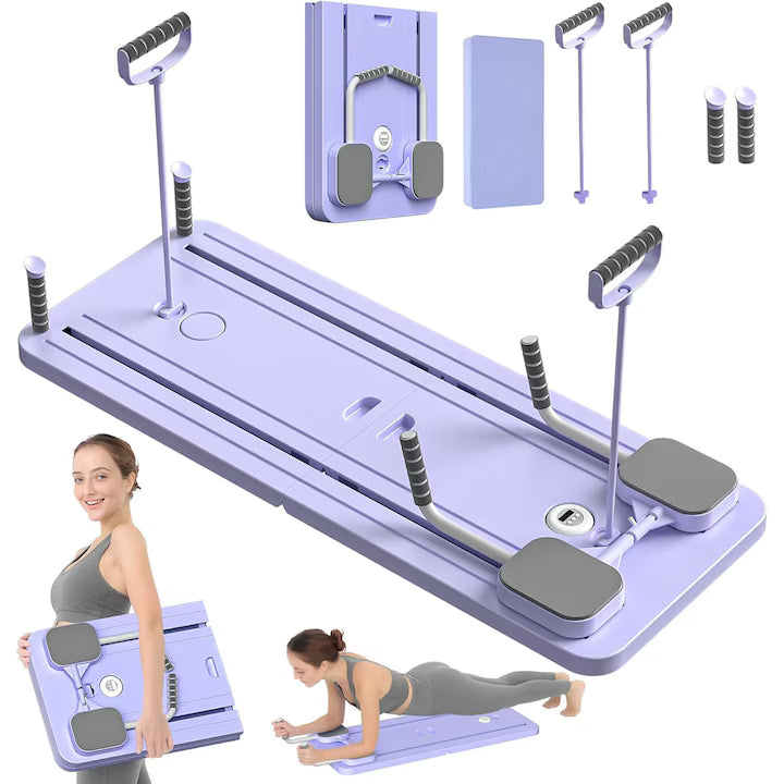 Aparat Pilates Reformer pliabil NextWave® – echipament de antrenament pentru acasa, ideal pentru incepatori si avansati, cadru metalic rezistent, sistem ajustabil pentru exercitii variate, usor de pliat si depozitat, Roz