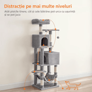 Ansamblu de Joaca pentru Pisici NextWave®, tip turn, 2 platforme de observatie, 3 niveluri, 2 casuta, 5 stalpi pentru zgariat, hamac, mingiute de joaca, captuseala extra moale, structura stabila si atractiva, inaltime 155 cm, gri