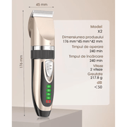 Masina de tuns animale de companie fara fir, Profesionala pentru caini, pisici, 2 viteze, zgomot redus, Afisaj nivel baterie reincarcabila, Acumulator trimmer 2000mAh, cablu usb, Silentioasa, Auriu