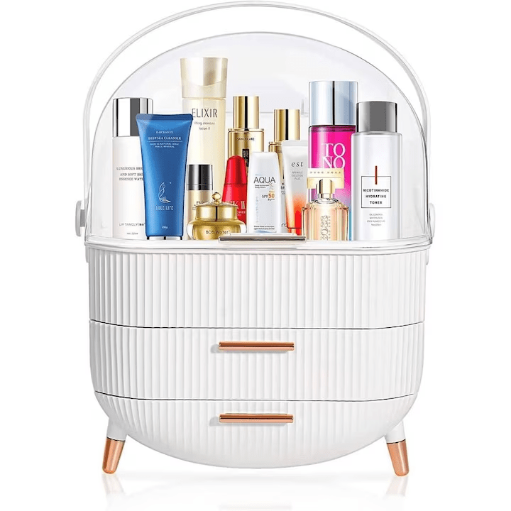 Organizator pentru cosmetice si bijuterii NextWave®, spatiu depozitare cu 2 sertare si vitrina, multifunctionala, alb