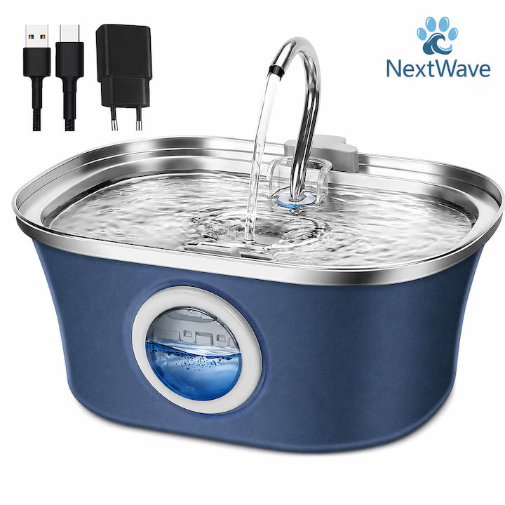 Fantana Apa Pisici si Caini NextWave®, Dispenser Automat cu fereastra mare pentru nivelul apei, purificare si filtrare prin carbune activ, otel inoxidabil 304, ultra-silentiosa, USB, adaptor priza, capacitate 3.2L