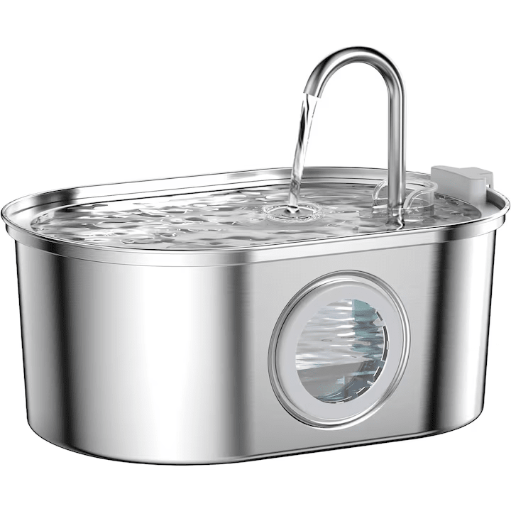 Dispenser apa automat tip fantana pentru pisici si caini, cu fereastra mare pentru nivelul apei, purificare si filtrare prin carbune activ, otel inoxidabil 304, ultra-silentiosa, USB, adaptor priza, capacitate 3.2L, Argintiu