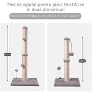 Ansamblu de joaca pentru pisici adulte sau pui, stalp pentru ascutit ghearelor, 2 bile suspendate, confectionat din sisan natural rezistent la zgarieturi, inaltime mare de 86 cm pentru protectia mobilei, gri