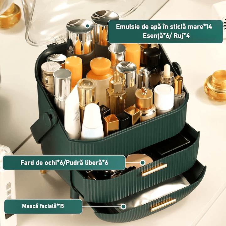 Organizator pentru cosmetice si bijuterii NextWave®, spatiu depozitare cu 2 sertare, vitrina, cutie pensule si rujuri, multifunctionala