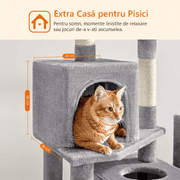 Ansamblu de Joaca pentru Pisici NextWave®, tip turn, 2 platforme de observatie, 3 niveluri, 2 casuta, 5 stalpi pentru zgariat, hamac, mingiute de joaca, captuseala extra moale, structura stabila si atractiva, inaltime 155 cm, gri