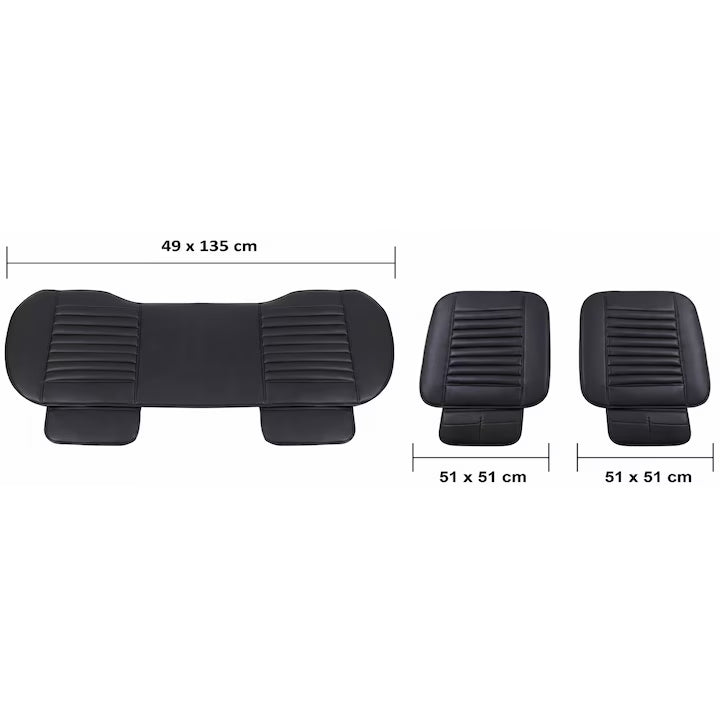 Set 2 Huse scaun auto fata universala si 1 husa bancheta NextWave®️, ofera protectie pentru sezut scaune fata si bancheta, design elegant cu buzunar pentru depozitare, anti-alunecare, material respirabil, pentru toate sezoanele, piele PU, negru