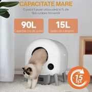 Litiera Automata Smart NextWave®️ pentru pisica, toaleta inteligenta cu functii de auto-curatare, Aplicatie Mobila, Senzori Ambientali, Design Oval Modern, 76L+ 13L, 5 role saci, alb