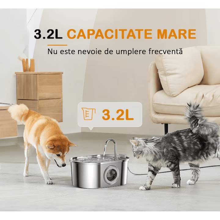 Dispenser apa automat tip fantana pentru pisici si caini, cu fereastra mare pentru nivelul apei, purificare si filtrare prin carbune activ, otel inoxidabil 304, ultra-silentiosa, USB, adaptor priza, capacitate 3.2L, Argintiu
