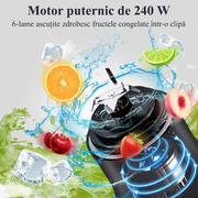 Mini Blender Electric Portabil NextWave™, Multifunctional, Auto-curatare, Autonomie Mare, Recipient detasabil cu capac, Baterie reincarcabila 4000mAh, 240W, 600 ml, negru