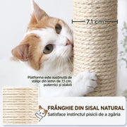 Ansamblu de Joaca pentru Pisici NextWave®, turn etajat stabil cu casuta confortabila, hamac lavabil, rampa si 7 stalpi de zgariat, din PAL, sisal natural si plus moale, pentru pisici mari si medii de interior, 77, 5x48, 3x160 cm, Bej