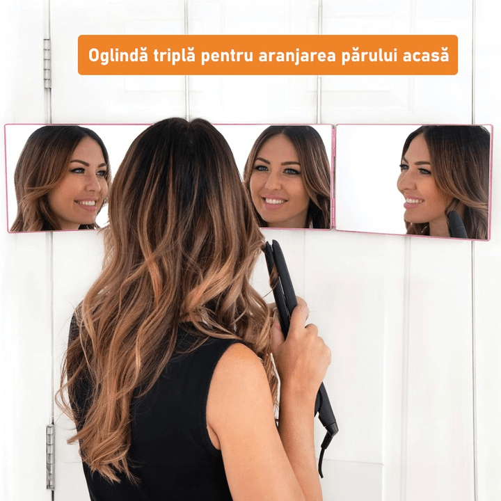 Oglinda 360°, NextWave™, Potrivita pentru machiaj, aranjare, coafare, barbierit, ingrijire, Sistem agatare, Inaltime reglabila, Pliabila, Portabila, Roz
