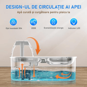 Dispenser apa automat cu Bol pentru mancare NextWave®, 2-1 tip fantana pentru pisici si caini, cu purificare si filtrare prin carbune activ, ultra-silentioasa, USB, adaptor priza, otel inoxidabil, capacitate 3L, Argintiu