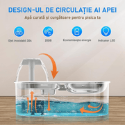 Dispenser apa automat cu Bol pentru mancare NextWave®, 2-1 tip fantana pentru pisici si caini, cu purificare si filtrare prin carbune activ, ultra-silentioasa, otel inoxidabil, capacitate 3L, USB, Argintiu