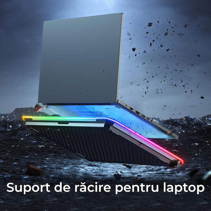 Stand De Racire pentru Laptop BeGenius® cu Suport pentru Telefon, 6 Ventilatoare ultra Silentioase, Cooler Laptop Gaming, Iluminare RGB, 10-45 grade, 2 Porturi USB, pentru Laptopuri pana la 17.3 inch, Negru