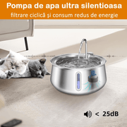 Dispenser apa automat tip fantana pentru pisici si caini, cu fereastra mare pentru nivelul apei, purificare si filtrare prin carbune activ, ultra-silentiosa, USB, adaptor priza, otel inoxidabil 304, Argintiu