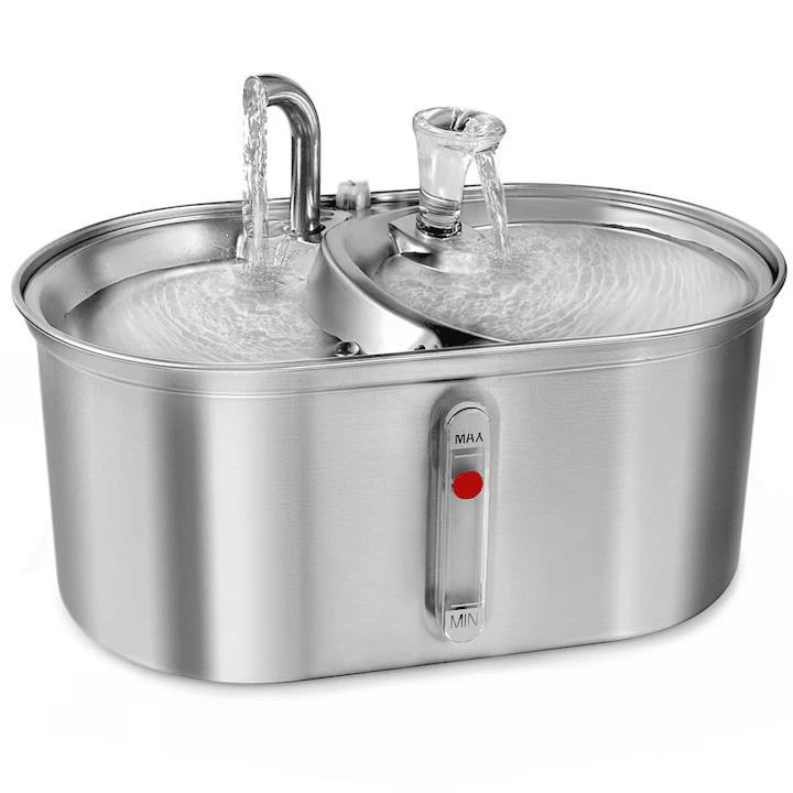 Dispenser apa automat cu Bol pentru mancare NextWave®, 2-1 tip fantana pentru pisici si caini, cu purificare si filtrare prin carbune activ, ultra-silentioasa, adaptor priza, USB, otel inoxidabil, capacitate 3L, Argintiu