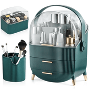 Organizator pentru cosmetice si bijuterii NextWave®, spatiu depozitare cu 2 sertare, vitrina, cutie pensule si rujuri, multifunctionala