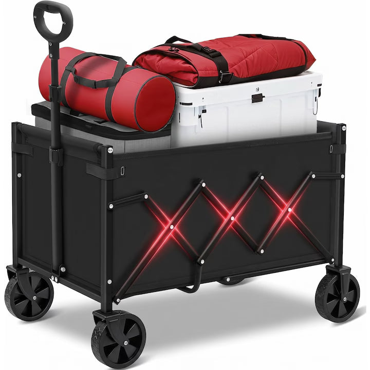 Carucior turistic pliabil NextWave®, pliere rapida si compacta, capacitate 99, 8 kg, maner ergonomic reglabil anti-cadere, roti silentioase pivotante 360°, cadru din otel carbon si material Oxford 600D, pentru gradina, plaja si camping, Negru