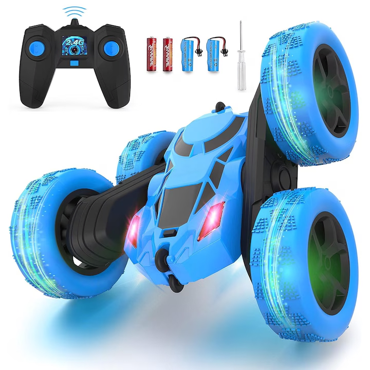 Masina cu telecomanda RC, Fata dubla cu rotire 360°, traciune 4WD, lumini LED, frecventa 2.4GHz, cauciucuri offroad, 2 baterii tip acumulator incluse, jucarie pentru copii, Albastra