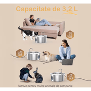 Dispenser apa automat tip fantana NextWave® pentru pisici si caini, cu fereastra mare pentru nivelul apei, purificare si filtrare prin carbune activ, otel inoxidabil 304, ultra-silentiosa, USB, adaptor priza, model rotund, capacitate 3.2L, Argintiu