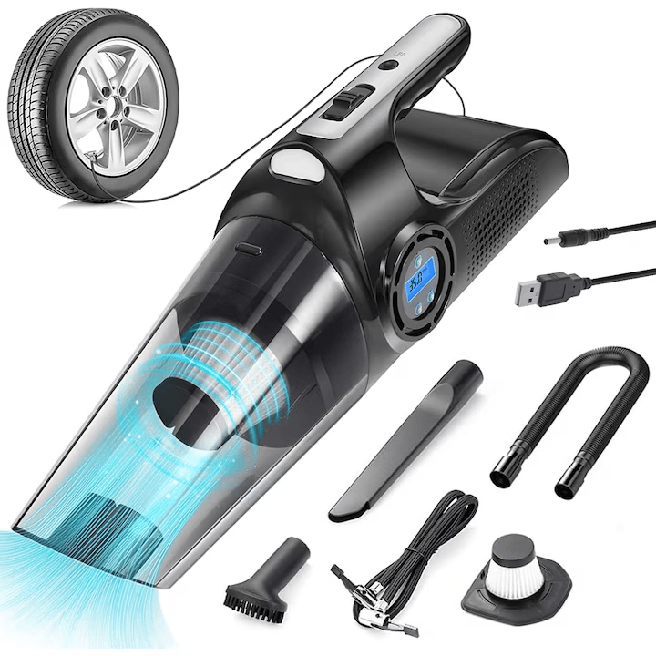 Aspirator Auto si Compresor Portabil Multifunctional cu Acumulator, Functie de Aspirare Umeda si Uscata, Umflare Roti cu Afisaj de Presiune, Lumina LED, Incarcare prin Priza de Bricheta Auto USB C, 32.000 rot/min, Putere 120W, Negru
