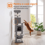 Ansamblu de Joaca pentru Pisici NextWave®, tip turn, 2 platforme de observatie, 3 niveluri, 2 casuta, 5 stalpi pentru zgariat, hamac, mingiute de joaca, captuseala extra moale, structura stabila si atractiva, inaltime 155 cm, gri