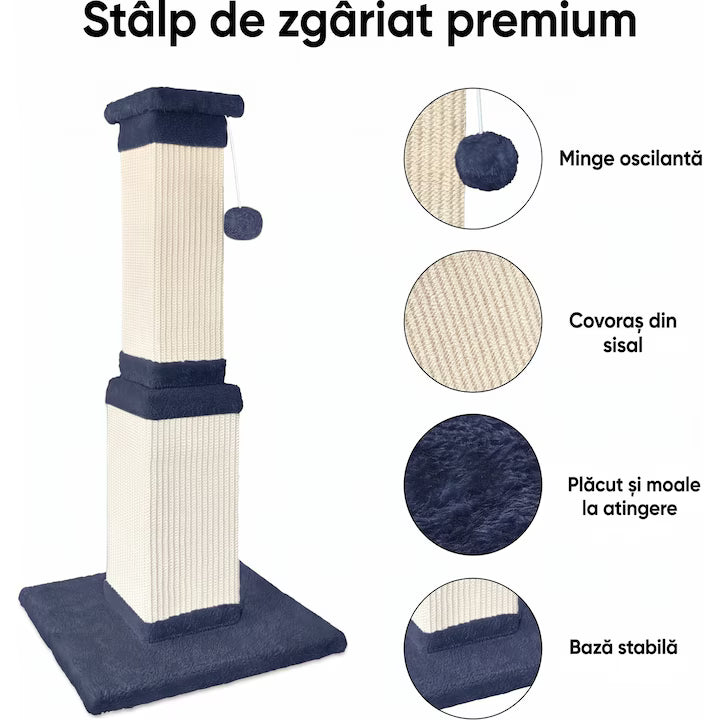 Ansamblu de joaca pentru pisici NextWave®, stalp pentru ascutit ghearelor, bila suspendata, confectionat din sisan natural rezistent la zgarieturi, inaltime mare de 81cm pentru protectia mobilierului, albstru