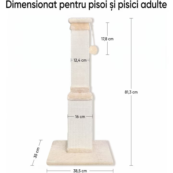 Ansamblu de joaca pentru pisici NextWave®, stalp pentru ascutit ghearelor, bila suspendata, confectionat din sisan natural rezistent la zgarieturi, inaltime mare de 81cm pentru protectia mobilierului, bej