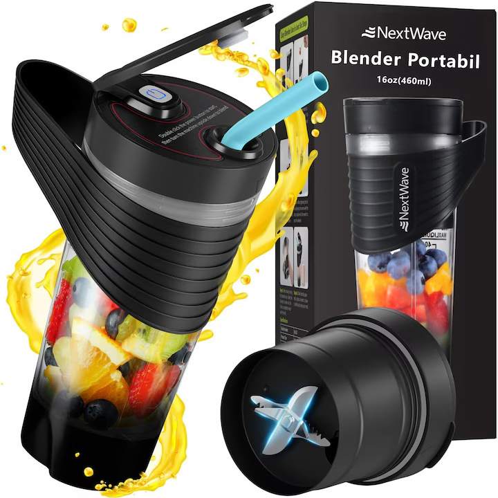 Blender electric portabilMini Blender Electric NextWave™, Portabil, Multifunctional, Auto-curatare, Autonomie Mare, Baterie reincarcabila 4000mAh, Smoothie, legume si fructe, Milk shake, 460 ml, 6 Lame 3D, negru