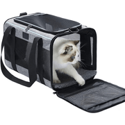 Geanta pentru transport animale mici NextWave®, pisica, caine, iepure, din panza, 45x28x28 cm, Baza rezistenta cu covoras, Usor de transportat, Plasa respirabila, Gri
