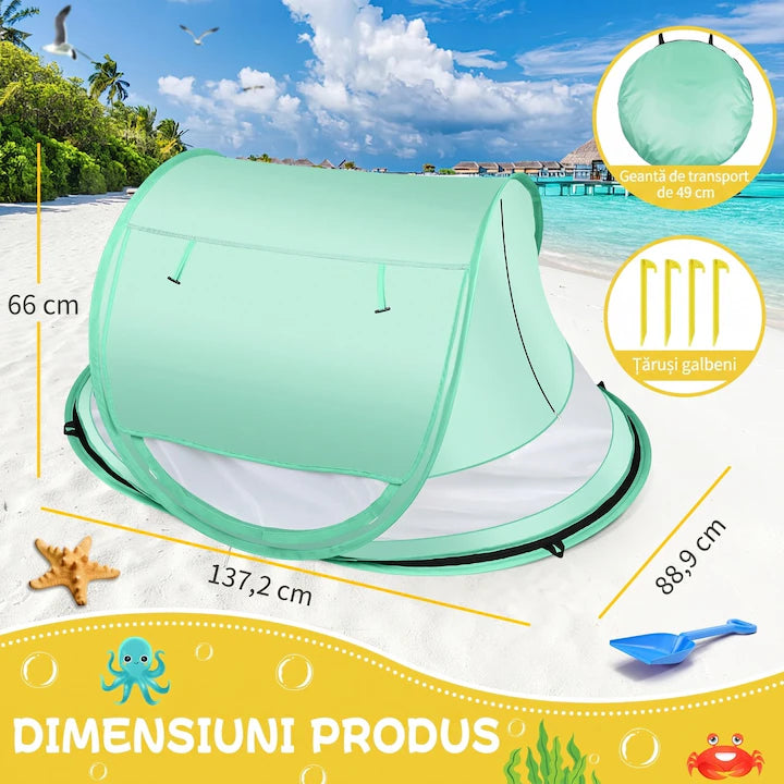Cort de plaja pentru bebelusi NextWave®️, protectie solara UPF 50+, deschidere pop-up automata, plasa respirabila pentru ventilatie, perdea rulabila, 4 tarusi, geanta transport, din nailon 190T, pentru camping si plaja, 137.2 x 88.9 x 66 cm